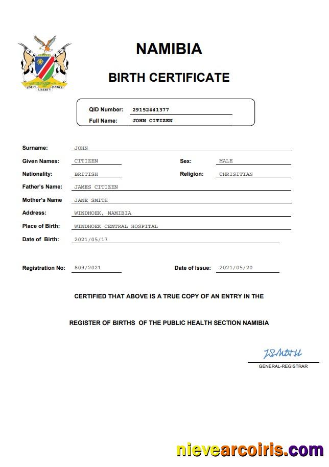 Namibia birth certificate